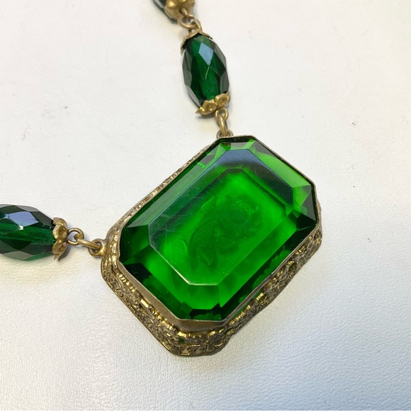 Art Deco Czech Glass Rose Reverse Carved Choker Necklace Signed Czechoslovakia - Picture 2 of 11